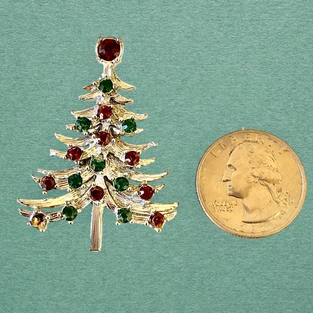 MYLU Vintage Christmas Tree Pin Brooch SilverTone Red & Green Rhinestones